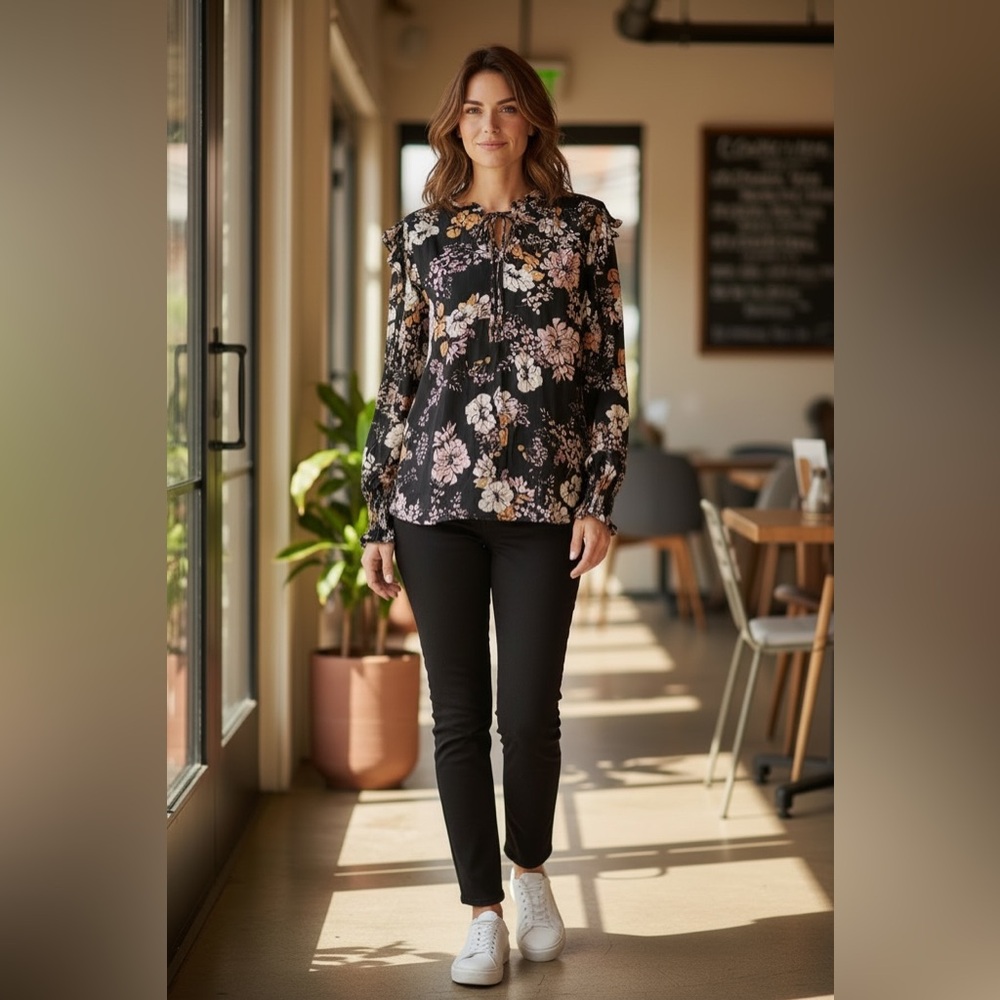Doe & Rae Rayon Black Floral Blouse Size Large NWOT Drape Romantic